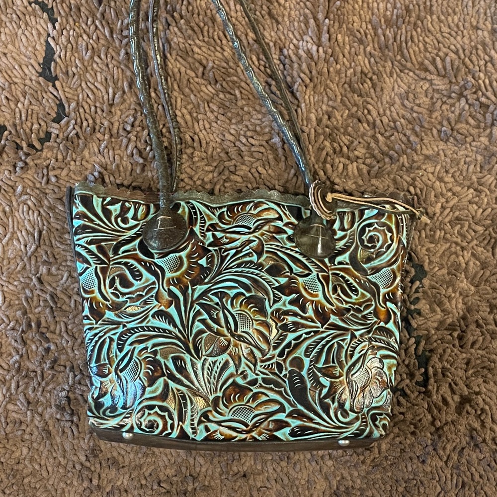 Floral Embossed Tote Bag - Brown and Green